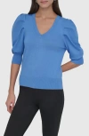 Dkny Puff Sleeve V-neck Sweater In Cornflower Blue