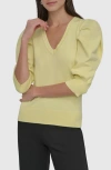 Dkny Women's Puff-sleeve V-neck Sweater In Ivory