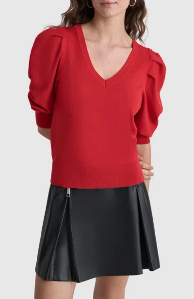 Dkny Puff Sleeve V-neck Sweater In Red Light