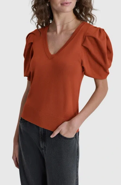 Dkny Puff Sleeve V-neck Sweater In Russet