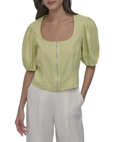 Dkny Puff Sleeve Zip Front Linen-blend Blouse In Green