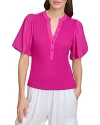 Dkny Rib Crinkle Sleeve Henley Top In Rasberry
