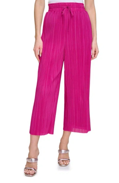 Dkny Pull-on Crop Wide Leg Plissé Pants In Raspberry Cocktail