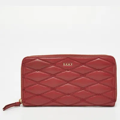 Dkny Red Quilted Leather Zip Around Compact Wallet