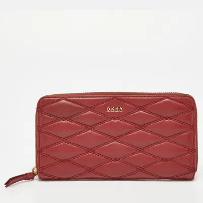 Dkny Red Quilted Leather Zip Around Compact Wallet In Brown