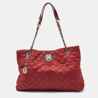 Dkny Red Quilted Nylon And Leather Logo Chain Tote