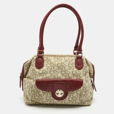 Pre-owned Dkny Red/beige Monogram Canvas And Leather Turnlock Pocket Satchel