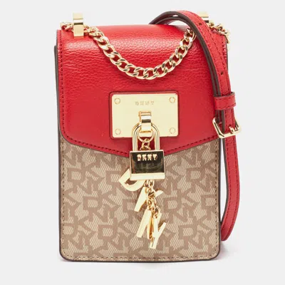 Pre-owned Dkny Red/beige Monogram Coated Canvas And Leather Elissa North South Crossbody Bag