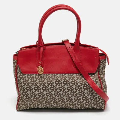 Dkny Red/beige Monogram Fabric And Leather Zip Tote