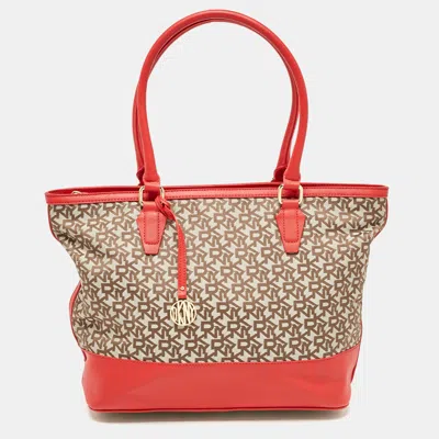 Dkny Red/beige Signature Canvas And Leather Zip Tote In Gray