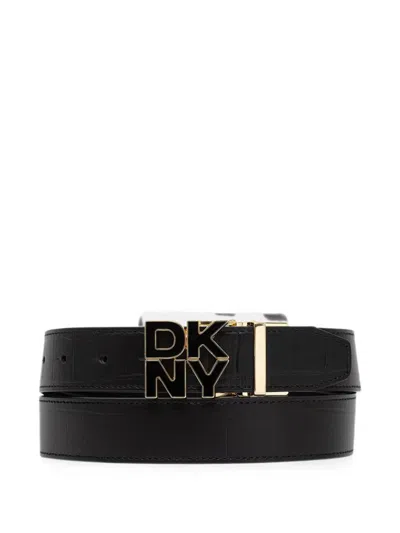 Dkny Reversible Croc-effect Logo-buckle Belt In Black