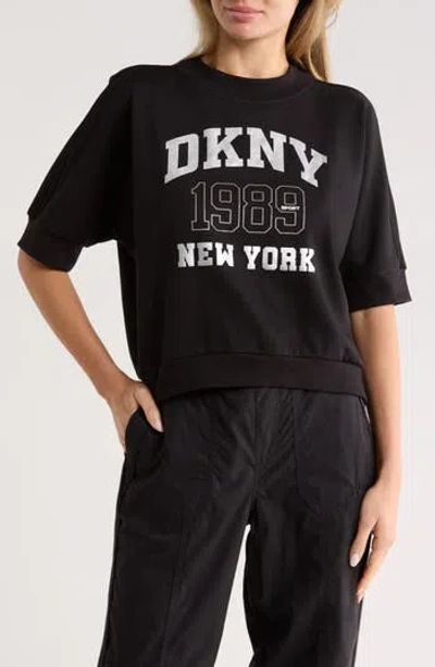 Dkny Rhinestone 1989 Logo Short Sleeve Crop Sweatshirt In Black