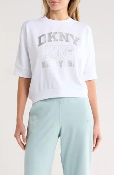 Dkny Rhinestone 1989 Logo Short Sleeve Crop Sweatshirt In White