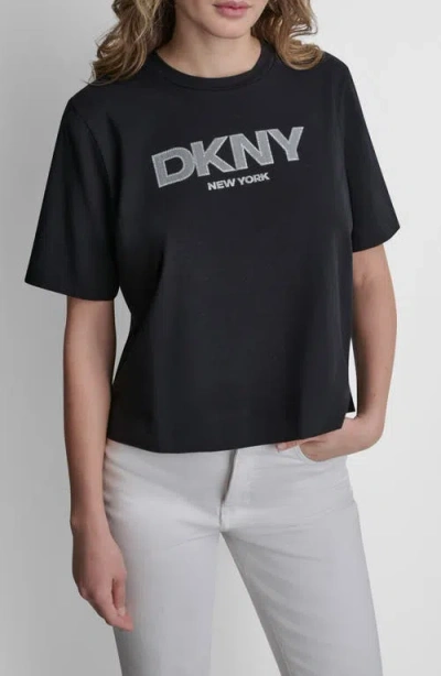 Dkny Rhinestone Border Logo Stretch Cotton Graphic T-shirt In Black