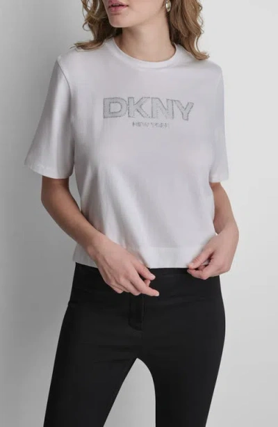 Dkny Rhinestone Border Logo Stretch Cotton Graphic T-shirt In Gray