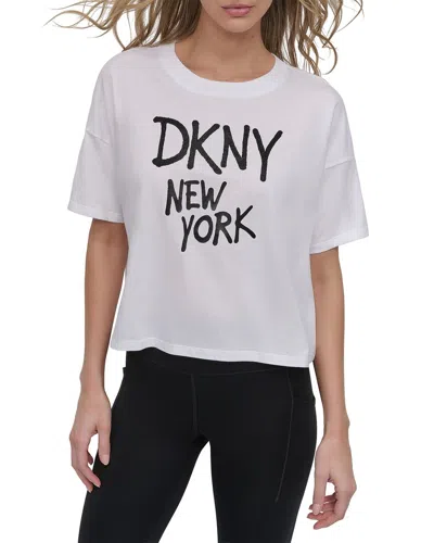 Dkny Rhinestone Graffiti Logo T-shirt In White/black