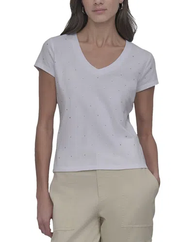 Dkny Rhinestones V-neck Fitted T-shirt In White
