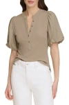 Dkny Rib Crinkle Sleeve Henley Top In Light Fatigue