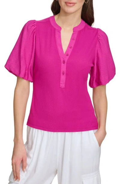 Dkny Rib Crinkle Sleeve Henley Top In Pink