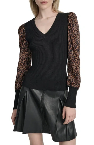 Dkny Rib Puff Shoulder Sweater In Black