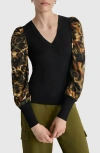 Dkny Rib Puff Shoulder Sweater In Black/autumn Mix Animal