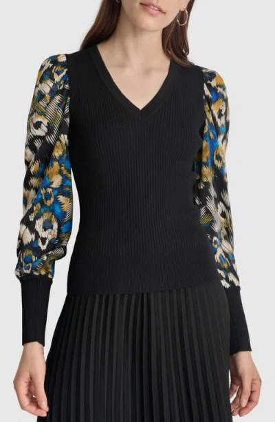Dkny Rib Puff Shoulder Sweater In Black/brush Stroke Leopard