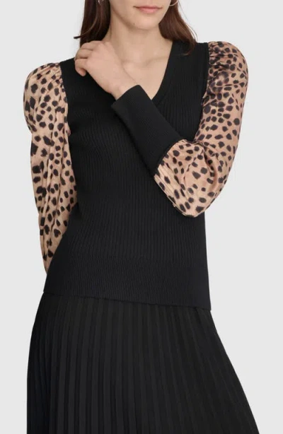 Dkny Rib Puff Shoulder Sweater In Black/cheetah Repeat