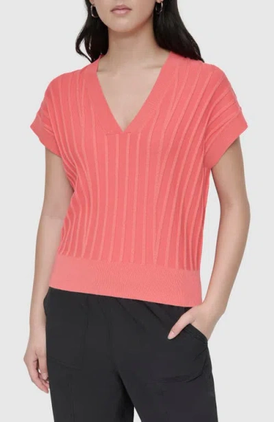 Dkny Rib Short Sleeve Sweater In Coral Crush