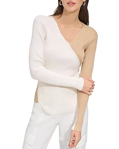 Dkny Ribbed Colorblocked Sweater In Ivory/sand