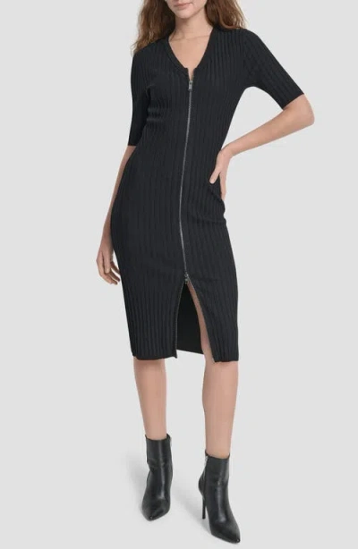 Dkny Ribbed Front Zip Sweater Dress In Black