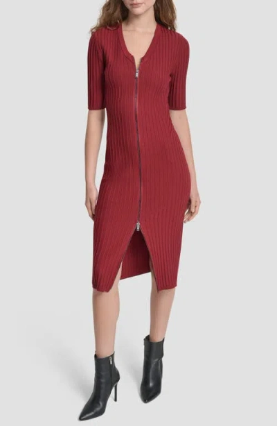Dkny Ribbed Front Zip Sweater Dress In Burgundy