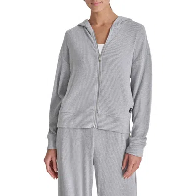 Dkny Ribbed Full Zip Hoodie In Pearl Grey Heather