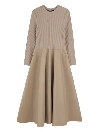 Dkny Kids' Ribbed-panel Flared Dress In Brown