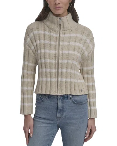 Dkny Ribbed Striped Mock Neck Zip Front Jacket In Brown
