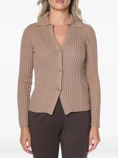 Dkny Ribbed-knit Button-up Cardigan In Brown
