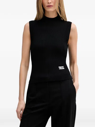 Dkny Ribbed-knit Logo-patch Top In Black