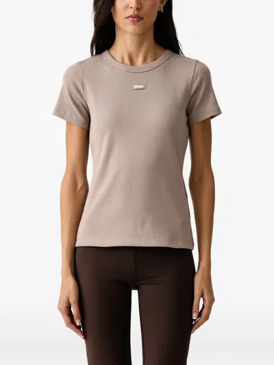 Dkny Ribbed-knit Logo-patch T-shirt In Neutral