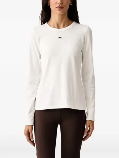 Dkny Ribbed-knit Logo-patch T-shirt In White