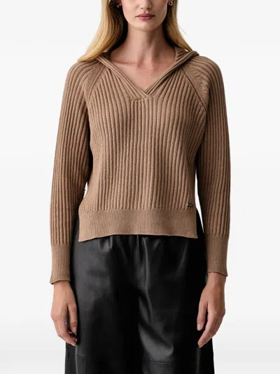 Dkny Ribbed-knit Raglan-sleeve Hoodie In Brown