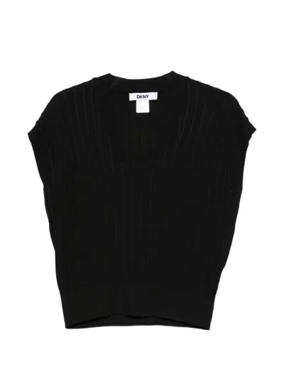 Dkny Ribbed-knit V-neck Top In Black
