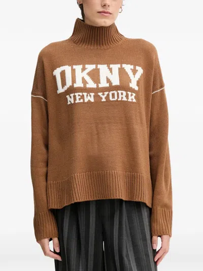 Dkny Roll-neck Logo Sweater In Brown