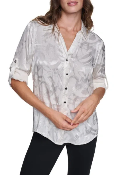 Dkny Roll Tab Sleeve Woven Shirt In Gray