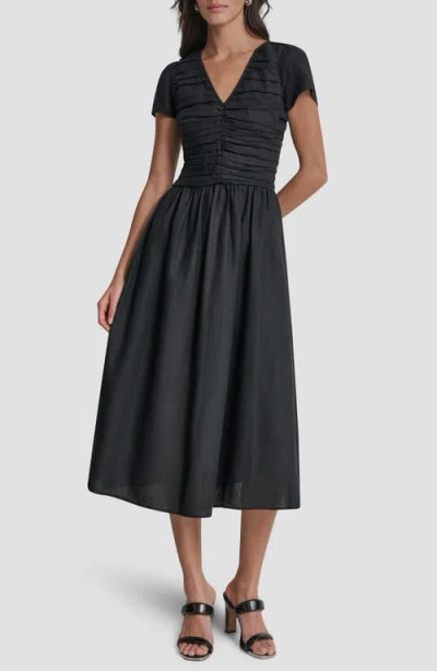 Dkny Ruched Bodice Linen Blend Midi Dress In Black