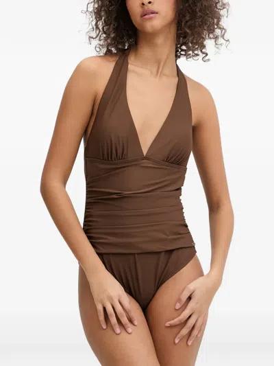 Dkny Ruched Halterneck Swimsuit In Brown