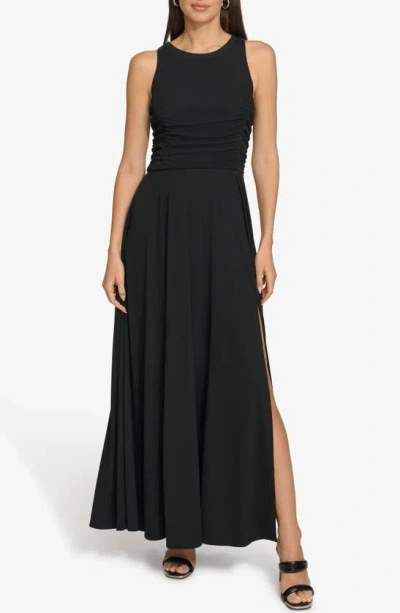 Dkny Ruched Mesh Trim Sleeveless Maxi Dress In Black