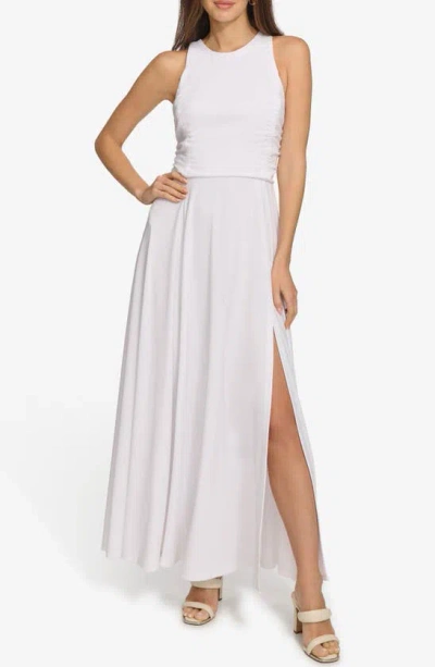 Dkny Ruched Mesh Trim Sleeveless Maxi Dress In White