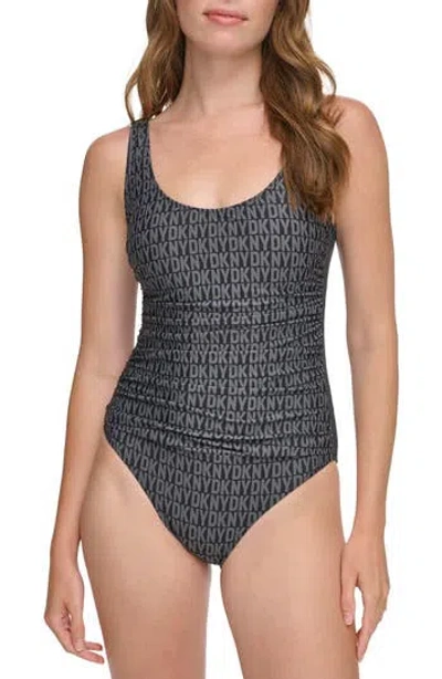 Dkny Ruched One-piece Swimsuit In Black/charcoal