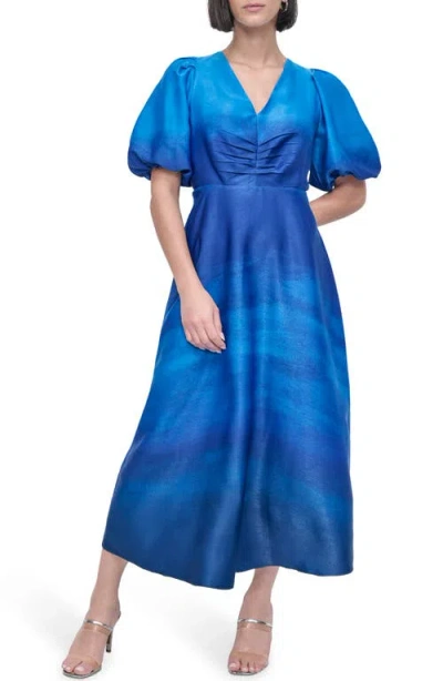 Dkny Ruched Printed Satin Midi Dress In Cornflower Ombre Border