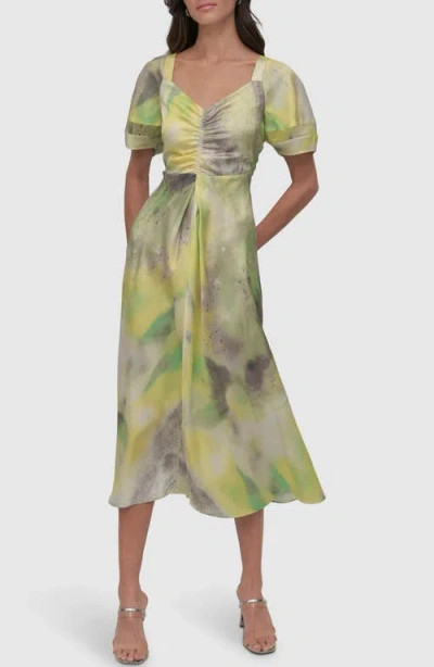 Dkny Ruched Printed Satin Midi Dress In Watercolor Hues