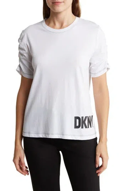 Dkny Ruched Short Sleeve Logo Top In White